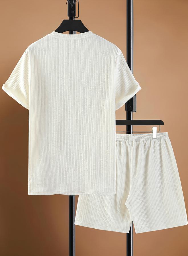 Take Two Men Cream Textured Short Sleeve Shirt and Drawstring Shorts Set - Image 3